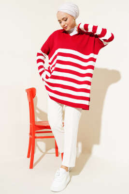 Gömlek Yaka Çizgili Triko Tunik Kırmızı - Triko Tunik