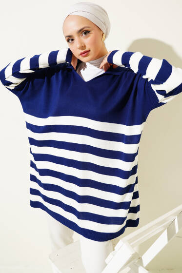 Gömlek Yaka Çizgili Triko Tunik Lacivert - Spor Tunik