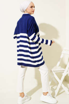 Gömlek Yaka Çizgili Triko Tunik Lacivert - Triko Tunik