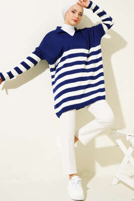 Gömlek Yaka Çizgili Triko Tunik Lacivert - Triko Tunik