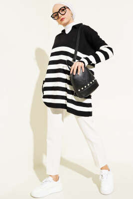 Gömlek Yaka Çizgili Triko Tunik Siyah - Triko Tunik