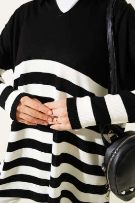 Gömlek Yaka Çizgili Triko Tunik Siyah - Triko Tunik