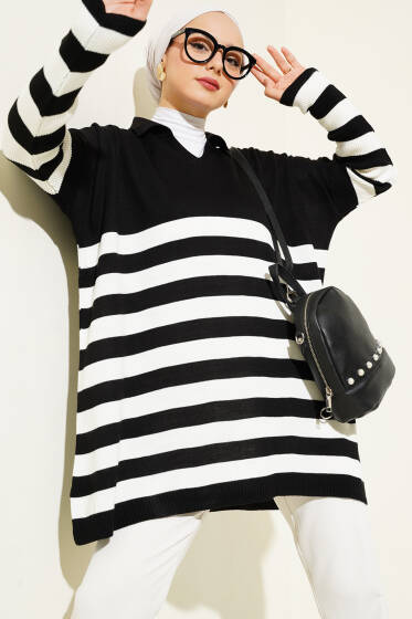 Gömlek Yaka Çizgili Triko Tunik Siyah - Triko Tunik