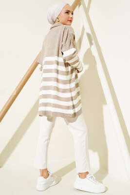 Gömlek Yaka Çizgili Triko Tunik Vizon - Triko Tunik