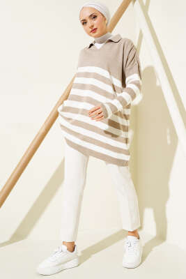 Gömlek Yaka Çizgili Triko Tunik Vizon - Triko Tunik