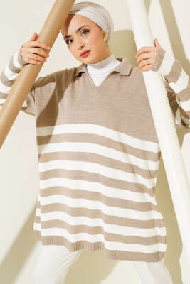 Gömlek Yaka Çizgili Triko Tunik Vizon - FİXAY