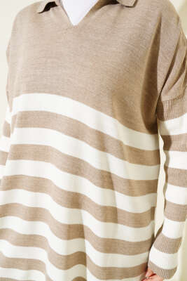 Gömlek Yaka Çizgili Triko Tunik Vizon - Triko Tunik