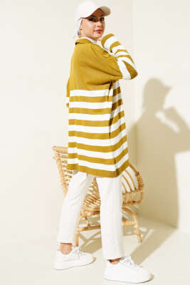 Gömlek Yaka Çizgili Triko Tunik Yağ Yeşili - Triko Tunik