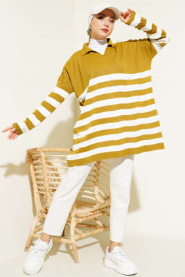 Gömlek Yaka Çizgili Triko Tunik Yağ Yeşili - Triko Tunik