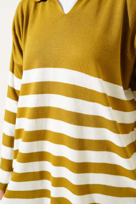 Gömlek Yaka Çizgili Triko Tunik Yağ Yeşili - Triko Tunik