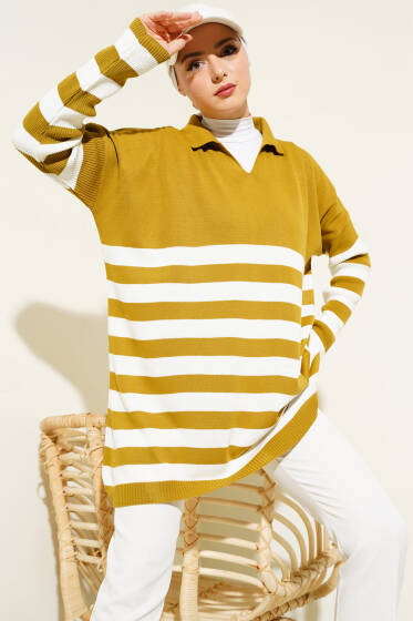 Gömlek Yaka Çizgili Triko Tunik Yağ Yeşili - Triko Tunik