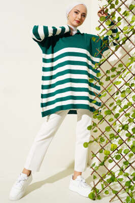 Gömlek Yaka Çizgili Triko Tunik Zümrüt - Triko Tunik