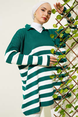 Gömlek Yaka Çizgili Triko Tunik Zümrüt - FİXAY