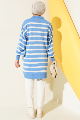 Gömlek Yaka Çizgili Uzun Triko Tunik Mavi - Triko Tunik