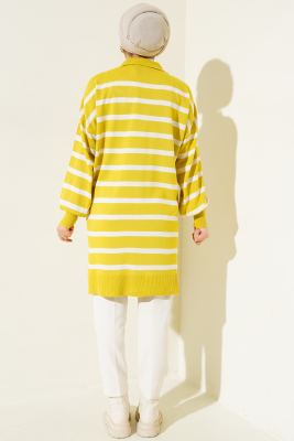 Gömlek Yaka Çizgili Uzun Triko Tunik Yağ Yeşili - Triko Tunik