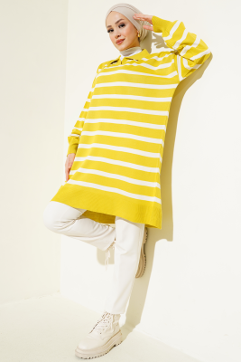 Gömlek Yaka Çizgili Uzun Triko Tunik Yağ Yeşili - Triko Tunik