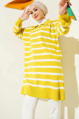 Gömlek Yaka Çizgili Uzun Triko Tunik Yağ Yeşili 