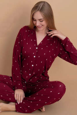 Gömlek Yaka Damla Desen Pijama Takımı Bordo - Pijama