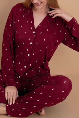 Gömlek Yaka Damla Desen Pijama Takımı Bordo - Pijama