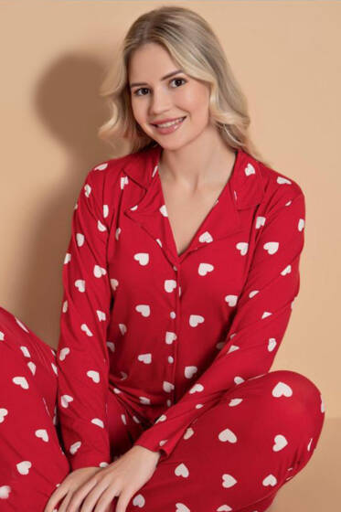Gömlek Yaka Damla Desen Pijama Takımı Kırmızı Beyaz - Pijama