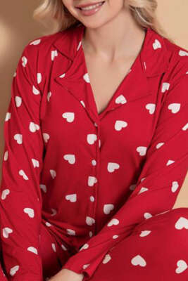 Gömlek Yaka Damla Desen Pijama Takımı Kırmızı Beyaz - Pijama