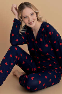 Gömlek Yaka Damla Desen Pijama Takımı Lacivert Kırmızı - MANOLYA