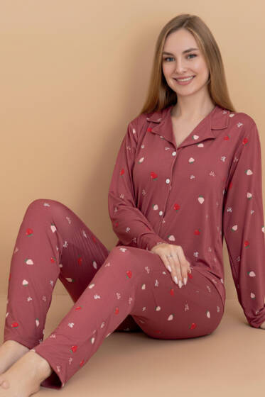 Gömlek Yaka Damla Desen Pijama Takımı Magenta - Kadın Pijama Takımı
