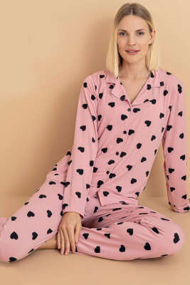Gömlek Yaka Damla Desen Pijama Takımı Pudra 