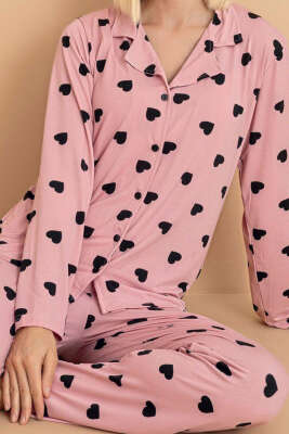 Gömlek Yaka Damla Desen Pijama Takımı Pudra - Pijama