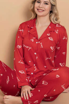 Gömlek Yaka Desen Detaylı Pijama Takımı Kırmızı - Pijama