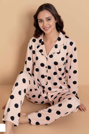 Gömlek Yaka Desen Detaylı Pijama Takımı Pudra - Pijama