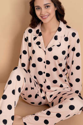 Gömlek Yaka Desen Detaylı Pijama Takımı Pudra - Pijama