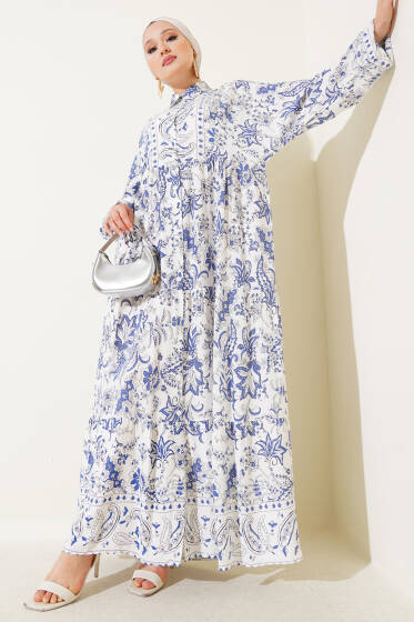 Gömlek Yaka Desenli Elbise Mavi - Elbise