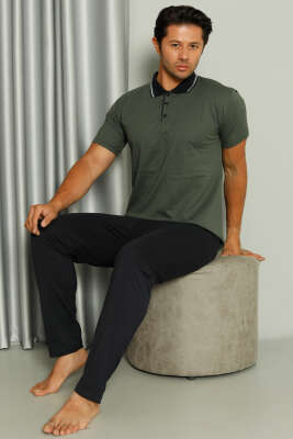 Gömlek Yaka Desenli Kısa Kol Erkek Pijama Takım Haki - IŞILAY