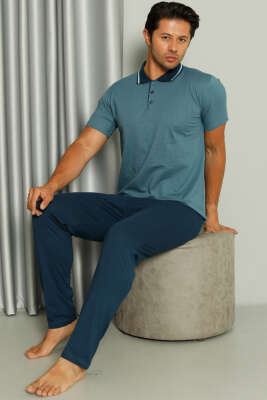 Gömlek Yaka Desenli Kısa Kol Erkek Pijama Takım Mavi 