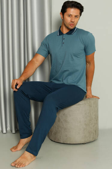 Gömlek Yaka Desenli Kısa Kol Erkek Pijama Takım Mavi - Pijama
