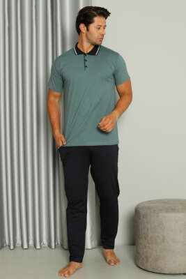 Gömlek Yaka Desenli Kısa Kol Erkek Pijama Takım Yeşil 