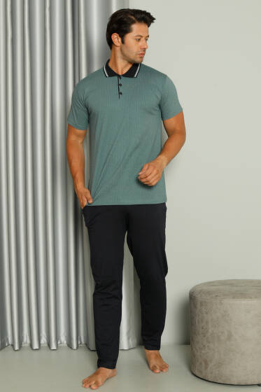 Gömlek Yaka Desenli Kısa Kol Erkek Pijama Takım Yeşil - Pijama