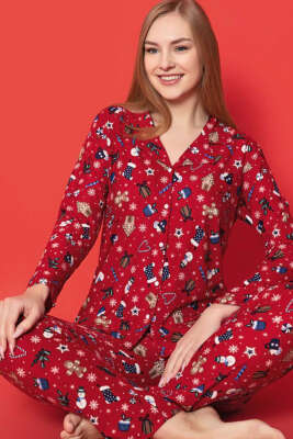 Gömlek Yaka Desenli Süet Pijama Takımı Kırmızı - MANOLYA