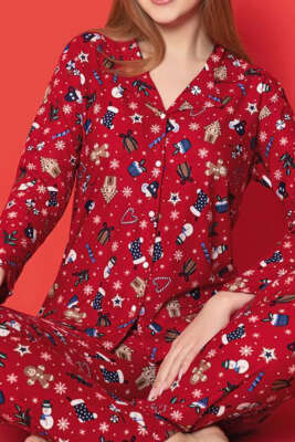 Gömlek Yaka Desenli Süet Pijama Takımı Kırmızı - Pijama