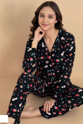 Gömlek Yaka Desenli Süet Pijama Takımı Siyah - MANOLYA