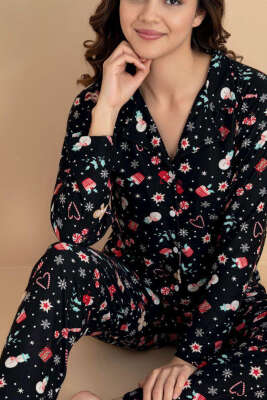 Gömlek Yaka Desenli Süet Pijama Takımı Siyah - Pijama