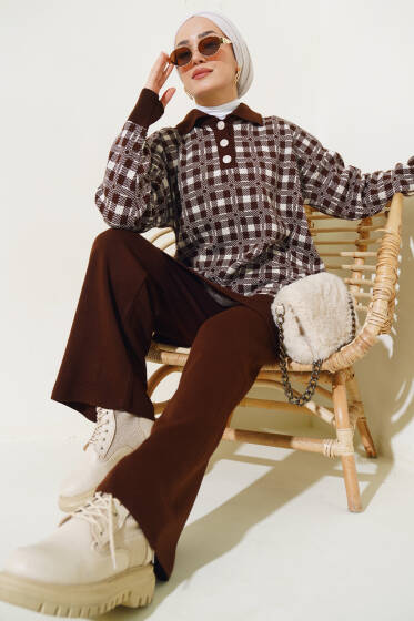 Gömlek Yaka Desenli Triko İkili Takım Kahve - Triko