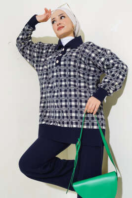 Gömlek Yaka Desenli Triko İkili Takım Lacivert - Triko İkili Takım