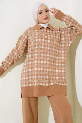 Gömlek Yaka Desenli Triko İkili Takım Latte - Triko İkili Takım