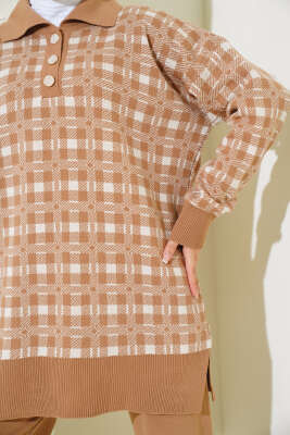 Gömlek Yaka Desenli Triko İkili Takım Latte - Triko İkili Takım