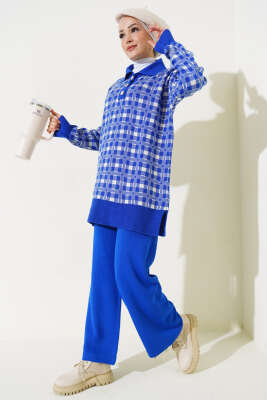 Gömlek Yaka Desenli Triko İkili Takım Saks - SUDE NAZ