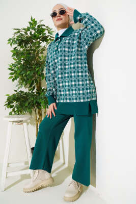 Gömlek Yaka Desenli Triko İkili Takım Zümrüt - Triko İkili Takım