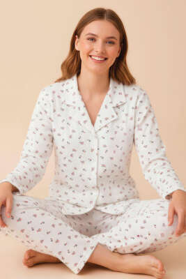 Gömlek Yaka Desenli Waffle Pijama Takımı Beyaz Çiçekli 