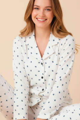 Gömlek Yaka Desenli Waffle Pijama Takımı Beyaz Lacivert - Pijama